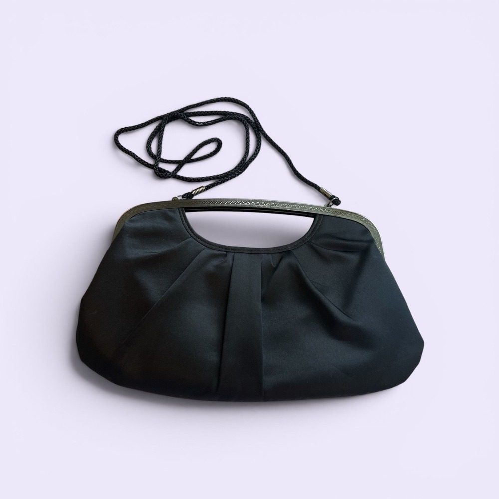 Kate Landry Black Satin Evening Clutch Purse Shoulder Bag Silver Frame - Picture 1 of 12